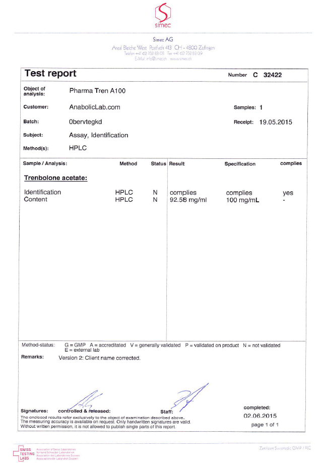 PHARMA TREN A 100 Pharmatren A - dosage report